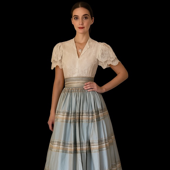 Vintage 3-Piece Ensemble IIvory Embroidered Blouse, Silk Skirt & sash, Rizkallah - Picture 5 of 16